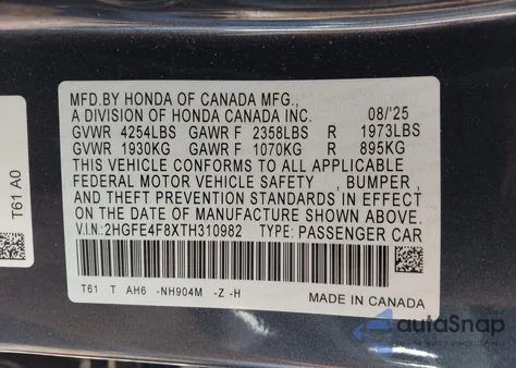 2026 Honda Civic Hybrid Sport/Sport Touring from USA, damaged, VIN 2HGFE4F8XTH310982
